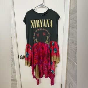 NIRVANA Black Graphic Top with Red & Gold Boho Panels